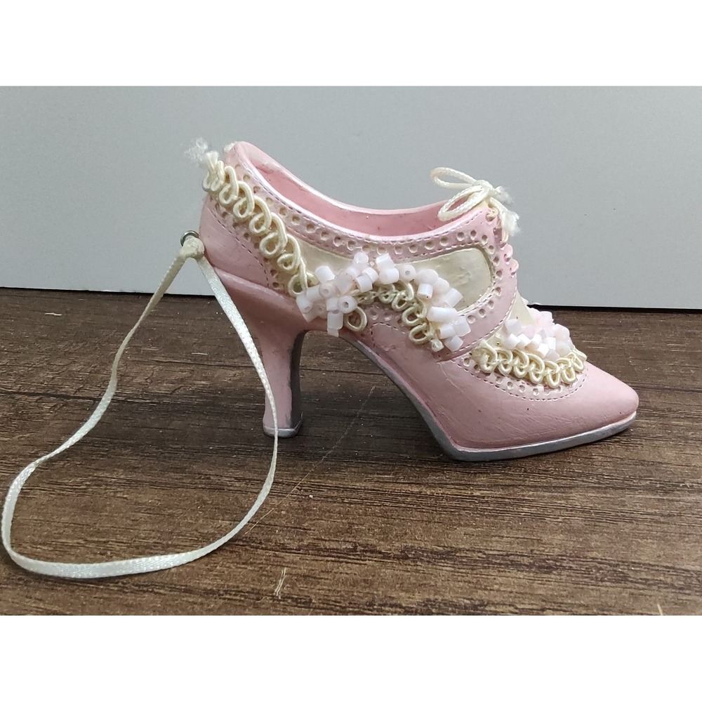 Victorian Style Shoe Christmas Ornament Figurine Pink White Beads A5